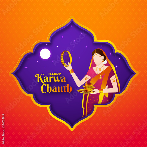 creative concept on papercut pattern window view on indian festival karwa chauth. a women is see moon under the chalni with taking puja thali karwa etc. 