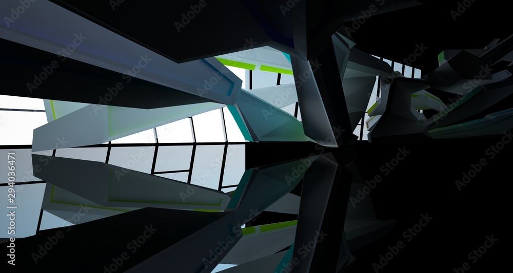 Abstract architectural colored and black gloss interior of a minimalist house with large windows.. 3D illustration and rendering.