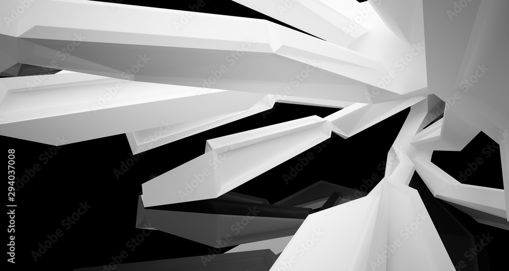 Fototapeta premium Abstract architectural white and black gloss interior of a minimalist house with large windows.. 3D illustration and rendering.