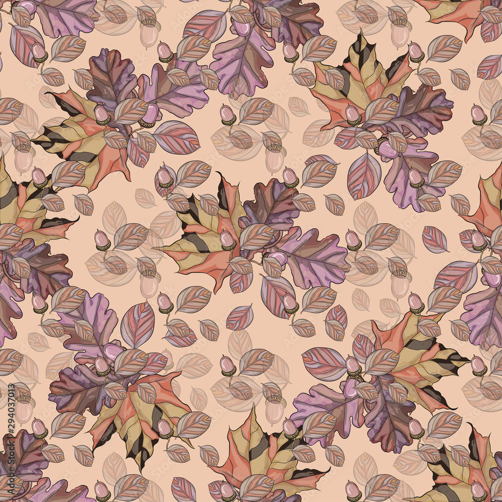 Autumn. Seamless autumn background. Decorative postcard with autumn maple, oak leaves, acorns on beige background. Suitable for printing, textiles, tableware for holidays-thanksgiving, harvest festiva Autumn. Seamless autumn background. Decorative postcard with autumn maple, oak leaves, acorns on beige background. Suitable for printing, textiles, tableware for holidays-thanksgiving, harvest festiva