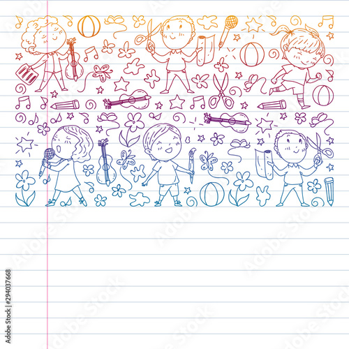 Creative kids dancing, sing, playing football, playing guitar, violin, making models from paper. Gradient drawing on exercise notebook.