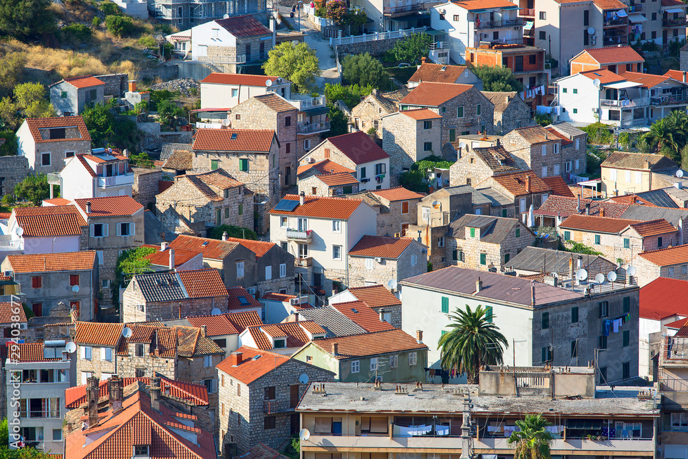 Aerial view on town, typical Mediterranean architecture, colorful roofs, Vis, Croatia