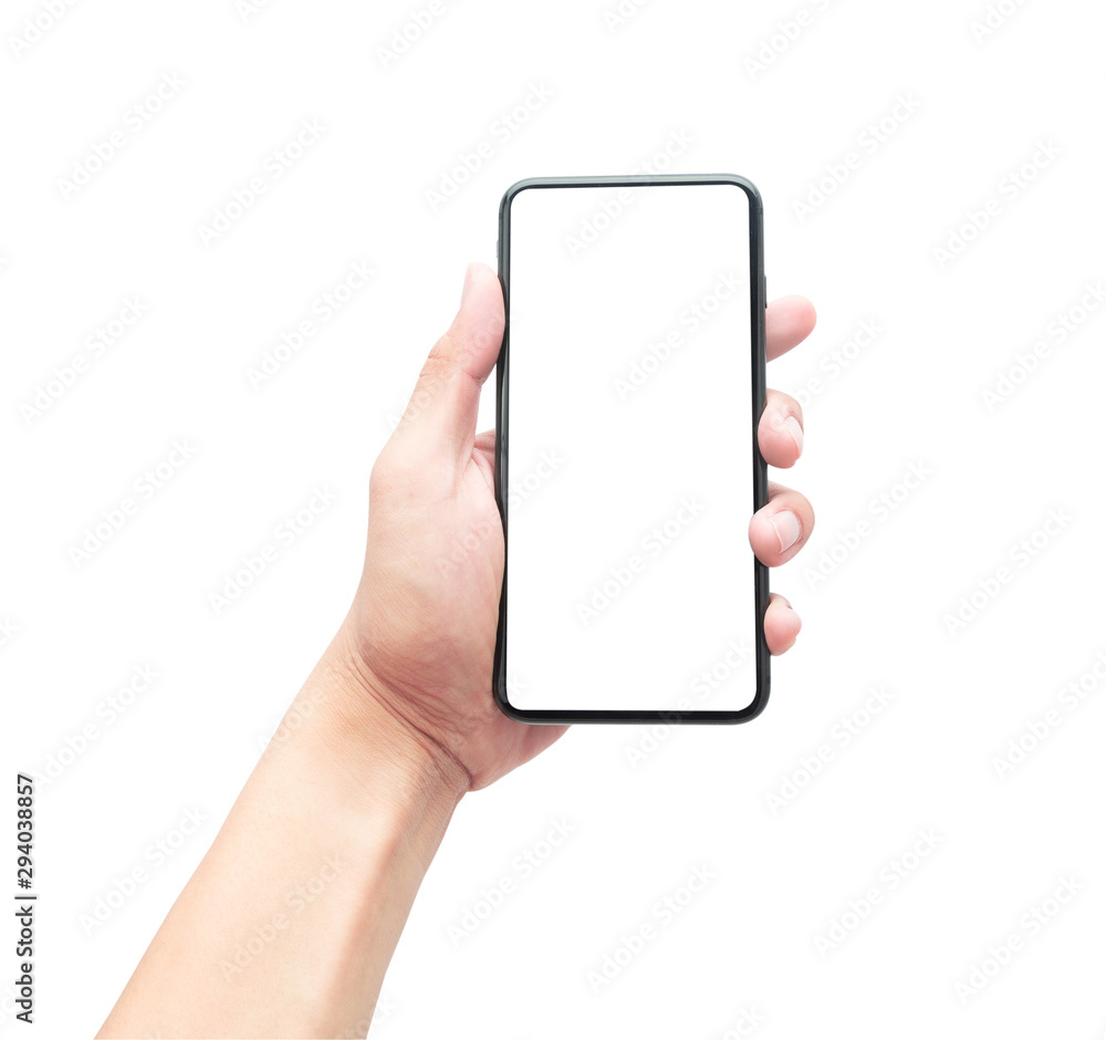 Male hand holding the black smartphone with blank screen isolated on white background with clipping path. Male hand holding the black smartphone with blank screen isolated on white background with clipping path.