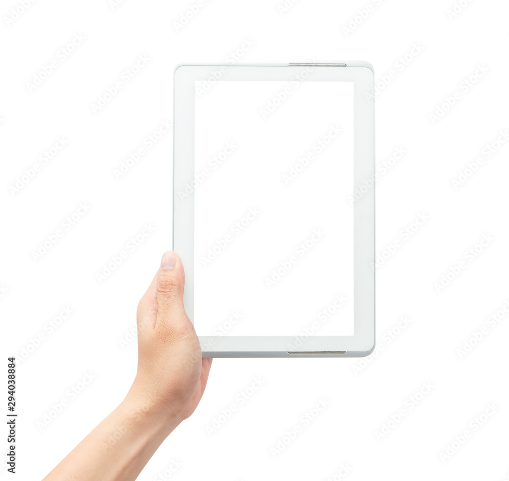 Male hand holding the white tablet pc computer with blank screen isolated on white background with clipping path. Male hand holding the white tablet pc computer with blank screen isolated on white background with clipping path.