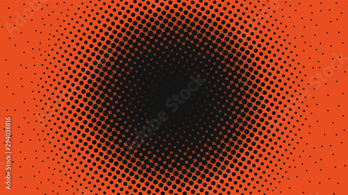 Orange and black pop art background in retro comic style with halftone dots, vector illustration of backdrop with isolated dots