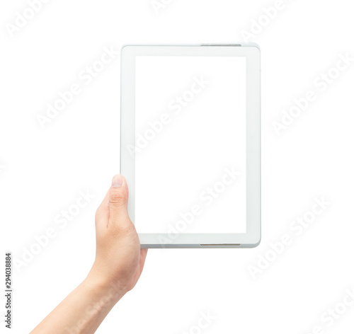 Male hand holding the white tablet pc computer with blank screen isolated on white background with clipping path.
