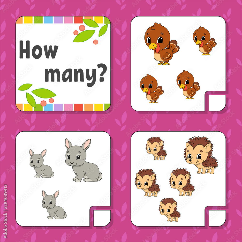Fototapeta premium Counting game for children. Happy characters. Learning mathematics. How many object in the picture. Education worksheet. With space for answers. Isolated vector illustration in cute cartoon style.