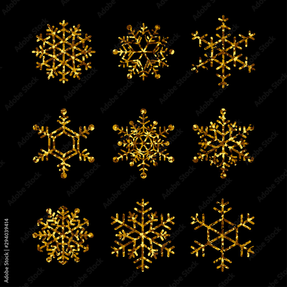 Collection of gold snowflakes. Vector isolated icons for winter holidays, christmas and new year illustrations Collection of gold snowflakes. Vector isolated icons for winter holidays, christmas and new year illustrations