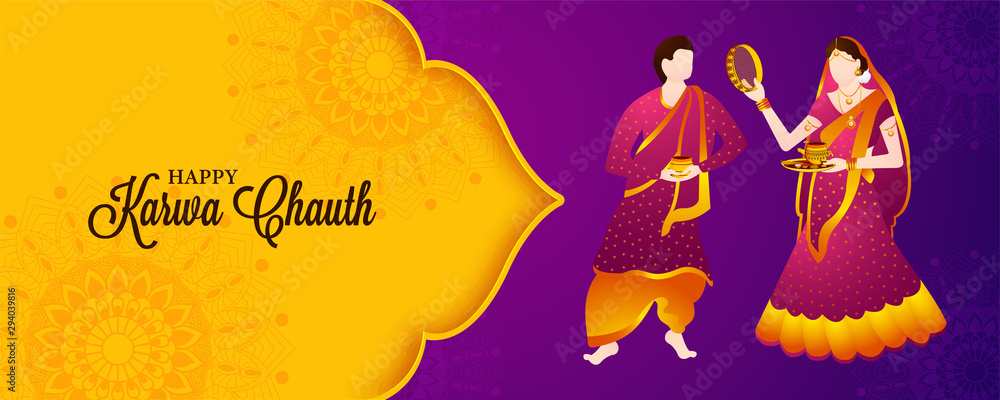 Creative banner, poster design on the indian festival of karwa chauth with indian background or mandala and indian married couple celetrating karwa chauth.