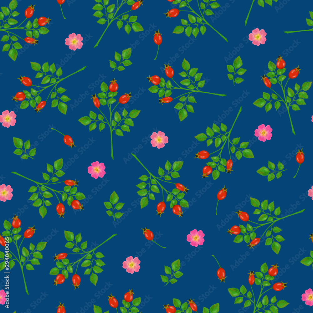 Seamless pattern with dogrose flowers, rosehip and branches