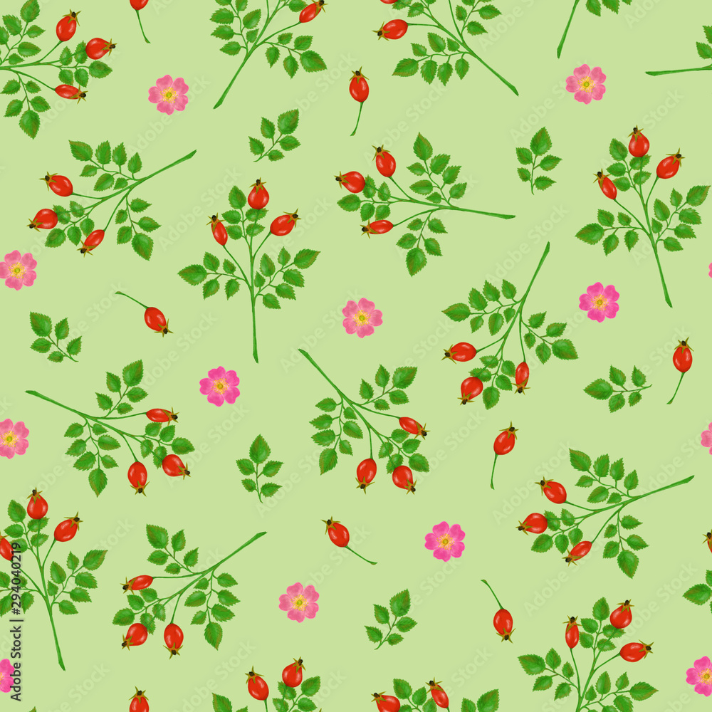 Seamless pattern with rosehip, roses and green branches on light green color Seamless pattern with rosehip, roses and green branches on light green color