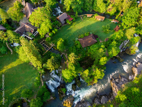 Aerial view of Rastoke in Croatia - a village of waterfalls and watermmills