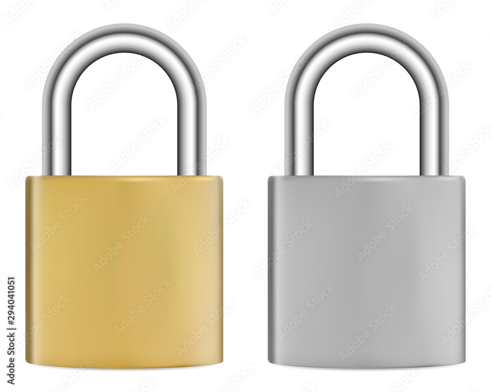 Lock isolated. Realistic silver metal padlock. Golden steel hook secure mechanism in positionlock. Vector illustration. Privacy access protection with secrecy code combination number Lock isolated. Realistic silver metal padlock. Golden steel hook secure mechanism in positionlock. Vector illustration. Privacy access protection with secrecy code combination number