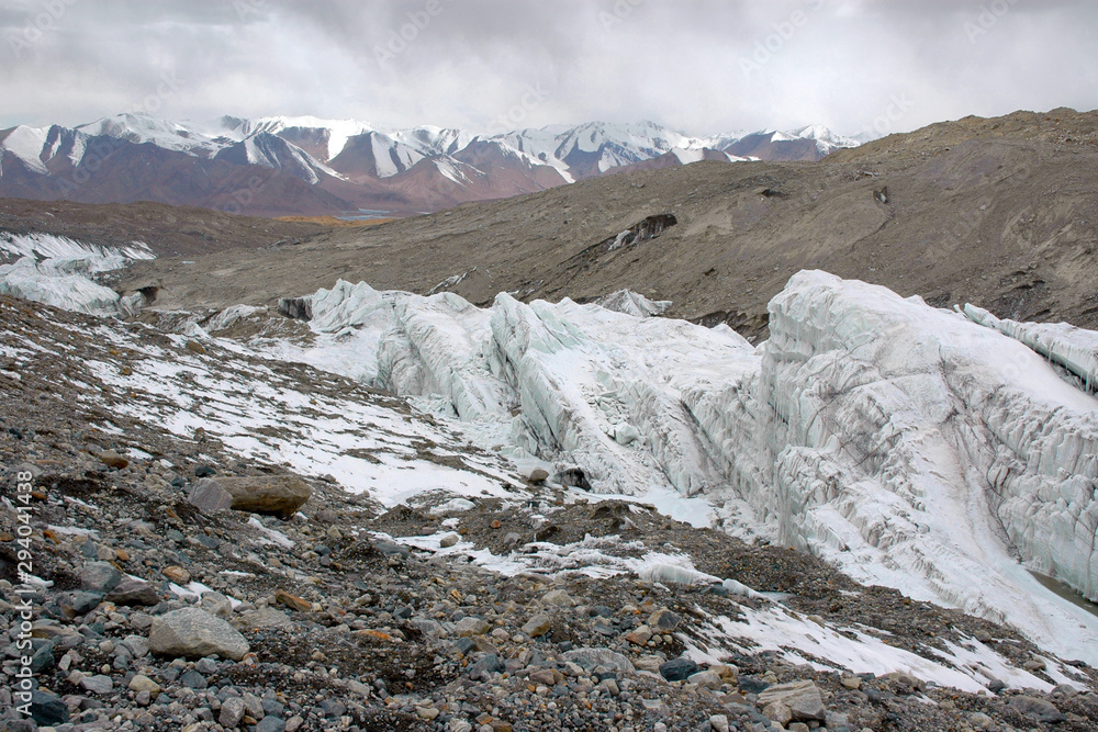 Mountainous landscape. Glacier on the slope of Kongur mountain (7719 m). Outskirts of Kashgar, Xinjiang, China, Asia.