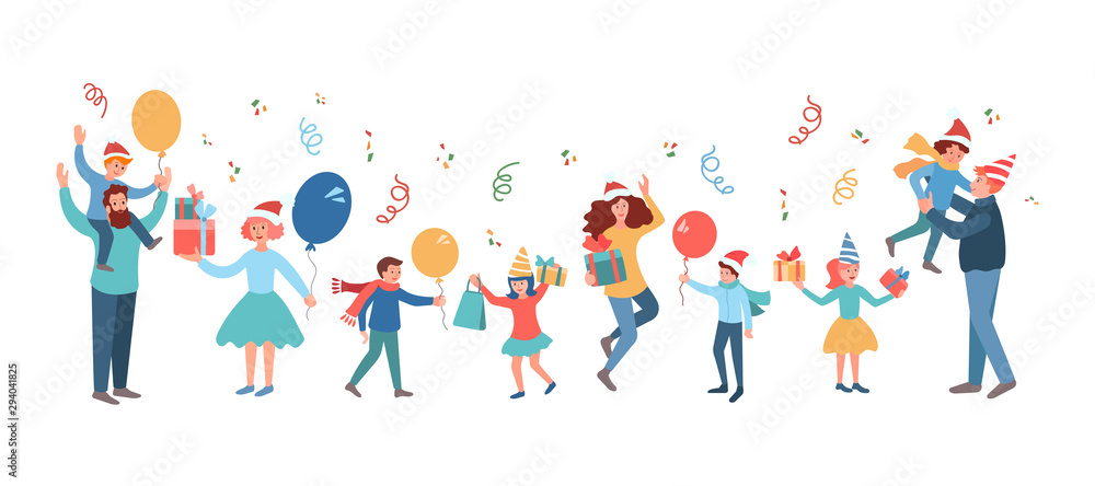 Happy family people with children celebrate New Year and Christmas. Vector illustration