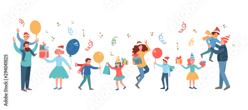 Happy family people with children celebrate New Year and Christmas. Vector illustration
