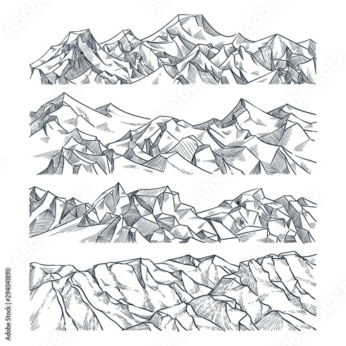 Mountains and rocks landscape. Vector sketch illustration. Hand drawn mountain peak  hills  isolated on white background