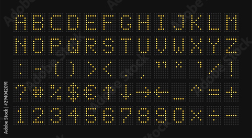 Electronic scoreboard. Alphabet with special characters. Vector illustration.