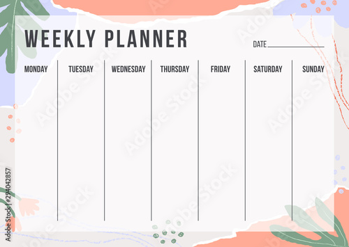 Floral weekly planning template with pieces of torn paper, flower and chalk line. Blank weekly planner with notes in pastel colors. Simple stylish organizer design. Vector illustration