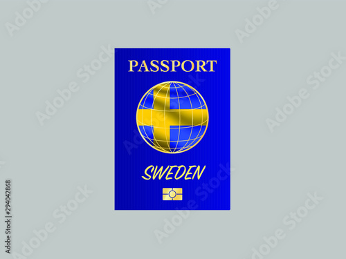 Sweden National flag with International Passport with biometric digital data chip, realistic blue cover, vector illustration for icon, logo, brand, travel agency