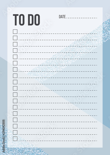 Fashion To Do List template with place for thing and date on geometric background. Blank planner with notes in blue and glitter color. Stylish organizer design. Vector illustration