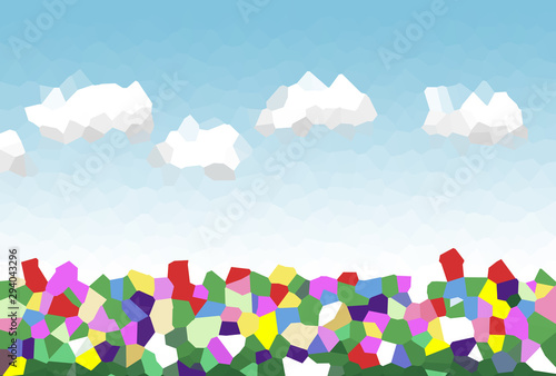 funny cute sweet cartoon flowers landscape fluffy clouds low poly polygon abstract