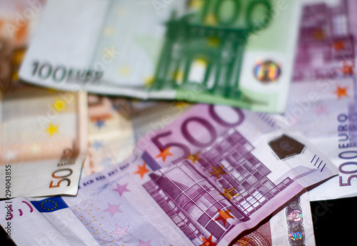 500 Euro and 100 Euro Bills. European Money. Cash and Finance