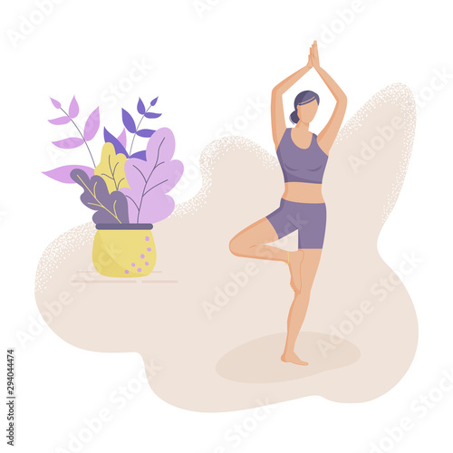 Trendy concept of fitness class:cute girl standing in yoga tree pose.Flat Funky Figures style.Decorated beautiful leaves.Vector illustration.For advertising, logo, leaflets,flyer