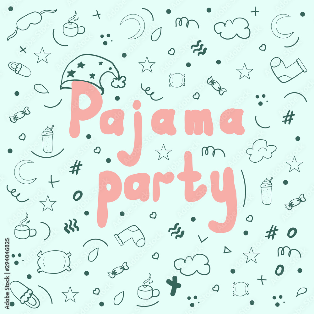 Pajama party pink hand drawn text with grey line pattern for pajama party.  Vector elements for good sleep on blue background. text, lettering Stock  Vector