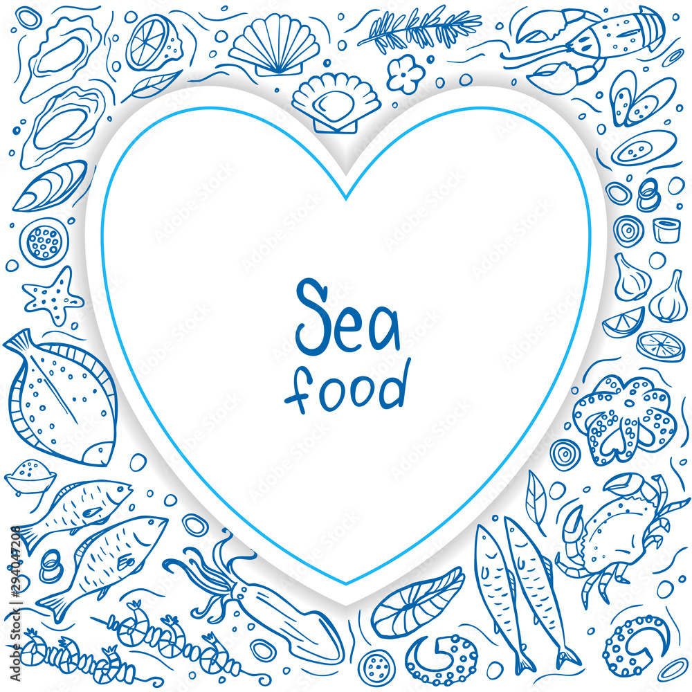 Frame from seafood doodle on white background. Vector illustration. Perfect for menu or food package design. Heart frame composition.