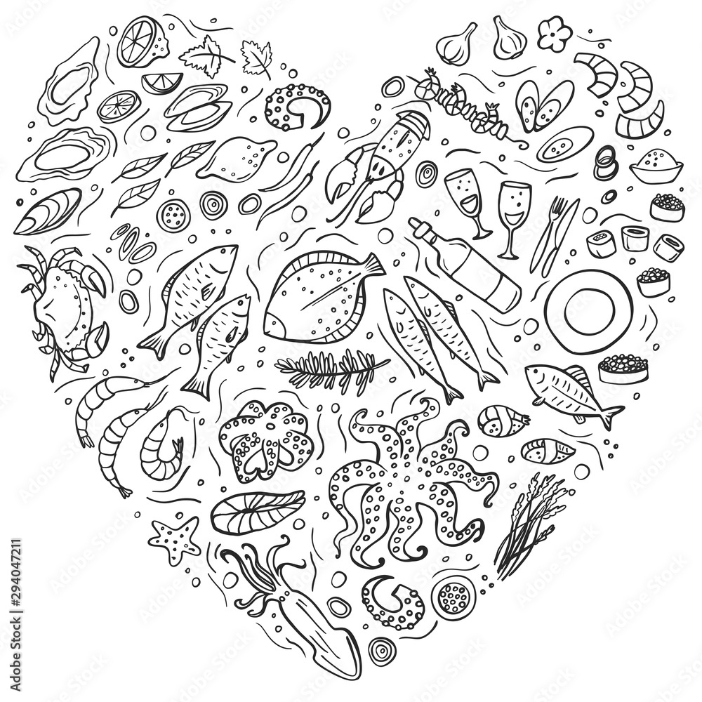 Seafood doodle on white background. Vector illustration. Perfect for menu or food package design. Heart composition. Seafood doodle on white background. Vector illustration. Perfect for menu or food package design. Heart composition.