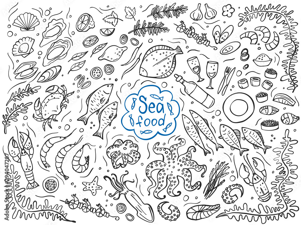 Set of seafood isolated on white. Vector illustration. Perfect for menu or food package design.