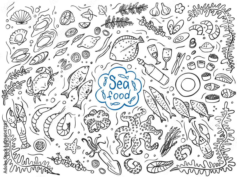 Set of seafood isolated on white. Vector illustration. Perfect for menu or food package design. Set of seafood isolated on white. Vector illustration. Perfect for menu or food package design.