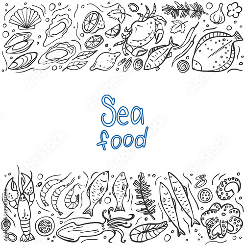 Frame from seafood doodle on white background. Vector illustration. Perfect for menu or food package design.
