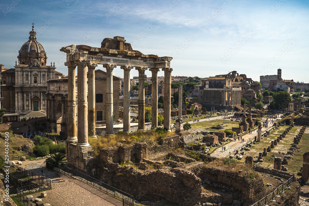Beautiful panoramic view On Roman Forum in Rome, Italy. Scenic view on Foro Romano in Rome, Colloseum is at the background