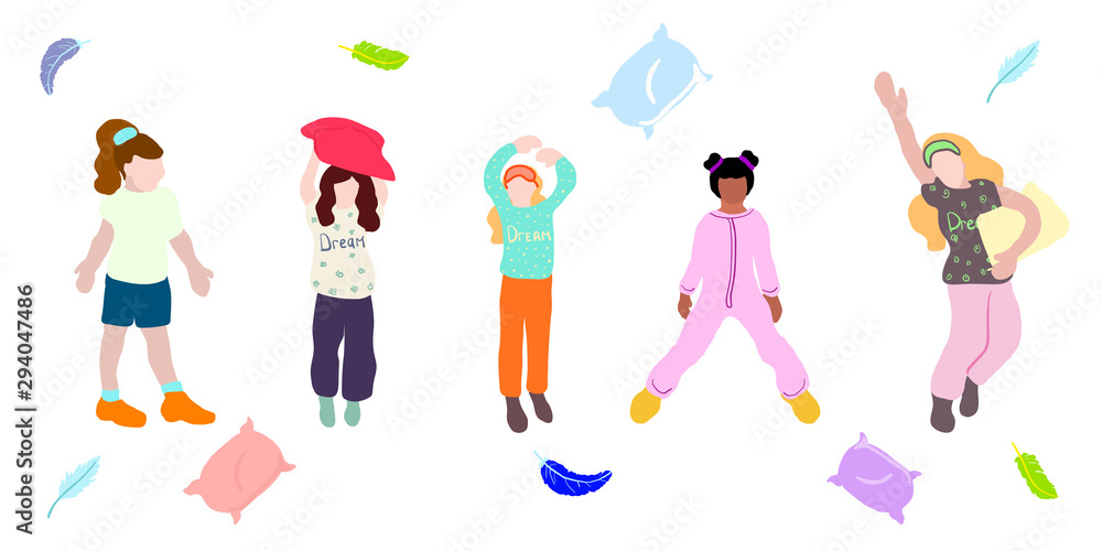 Young happy teenager girls wearing pajamas with pillows. concept for pajama party or sleepovers. Colorful vector illustration. isolated girls figures on white background. Diversity people 
