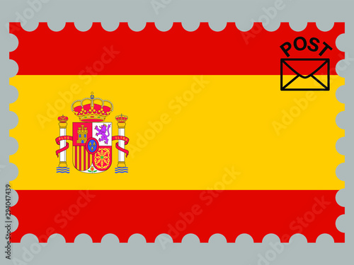 Spain national flag with inside postage stamp isolated on background. original colors and proportion. Vector illustration, from countries flag set