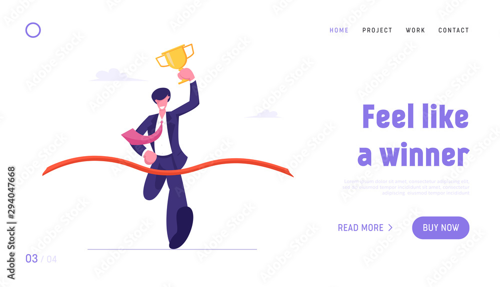 Leadership and Competition Website Landing Page. Business Man Holding Golden Goblet Take Part in Race Run to Success Crossing Finish Line with Ribbon Web Page Banner. Cartoon Flat Vector Illustration
