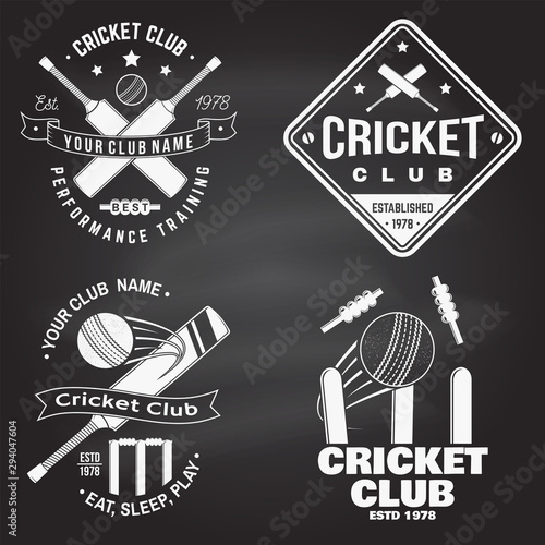 Set of cricket club badges on the chalkboard. Vector. Concept for shirt, print, stamp or tee. Templates for cricket sports club.