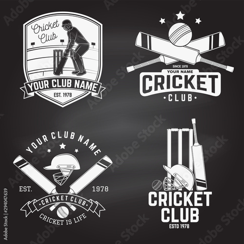 Set of cricket club badges on the chalkboard. Vector. Concept for shirt, print, stamp or tee. Templates for cricket sports club.
