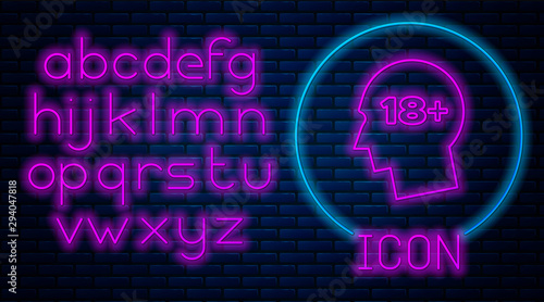 Glowing neon Human head with inscription 18 plus icon isolated on brick wall background. 18 plus content sign. Adults content only icon. Neon light alphabet. Vector Illustration