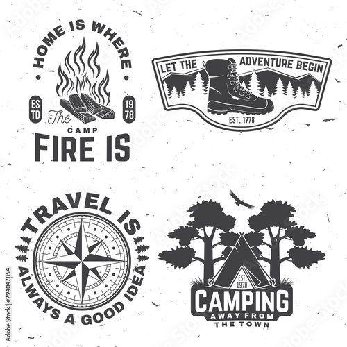 Set of outdoor adventure quotes symbol. Concept for shirt or logo, print, stamp or tee. Vintage design with hiking boots, camping tent, campfire, compass and forest silhouette.