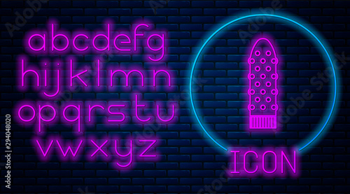 Glowing neon Dildo vibrator for sex games icon isolated on brick wall background. Sex toy for adult. Vaginal exercise machines for intimate. Neon light alphabet. Vector Illustration