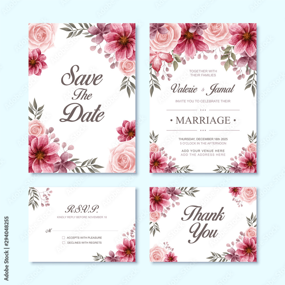 Luxury Wedding Invitation Card With Watercolor Red Flower Decoration