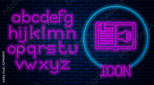 Glowing neon Audio book icon isolated on brick wall background. Audio guide sign. Online learning concept. Neon light alphabet. Vector Illustration