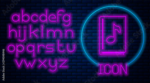 Glowing neon Audio book icon isolated on brick wall background. Musical note with book. Audio guide sign. Online learning concept. Neon light alphabet. Vector Illustration