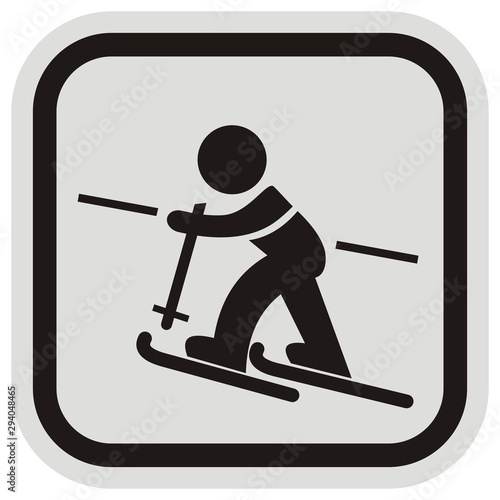 Children's ski lift, vector icon, black silhouette of little skier at gray ad black frame
