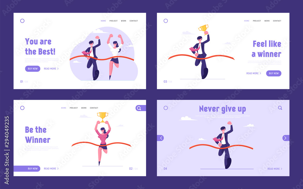 Business Team Leaders Competition Website Landing Page Set. Man and Woman Holding Golden Cup Take Part in Race Run Crossing Finish Line with Ribbon Web Page Banner. Cartoon Flat Vector Illustration Business Team Leaders Competition Website Landing Page Set. Man and Woman Holding Golden Cup Take Part in Race Run Crossing Finish Line with Ribbon Web Page Banner. Cartoon Flat Vector Illustration