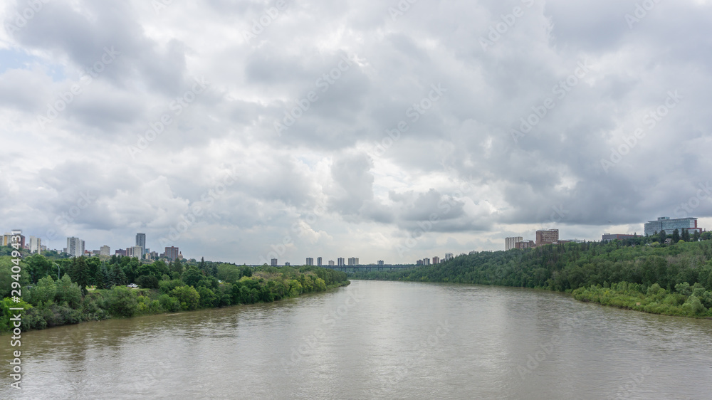 River Valley, River, Lake, Trees, Cloudy, Clouds, Skyline, Edmonton, Alberta, Canada - Cloudy day - buildings - skyscraper - summer - city- skyline
