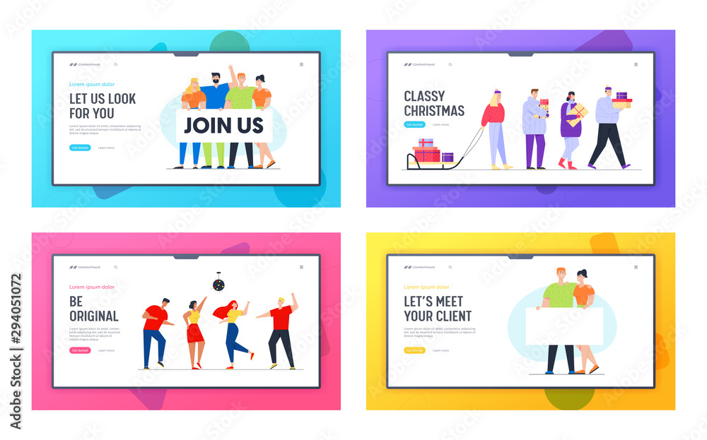 Hiring Career Employment, Buying Gifts and Dancing in Night Club Website Landing Page Set. People Having Fun, Prepare for Holidays, Holding Signboard Web Page Banner. Cartoon Flat Vector Illustration